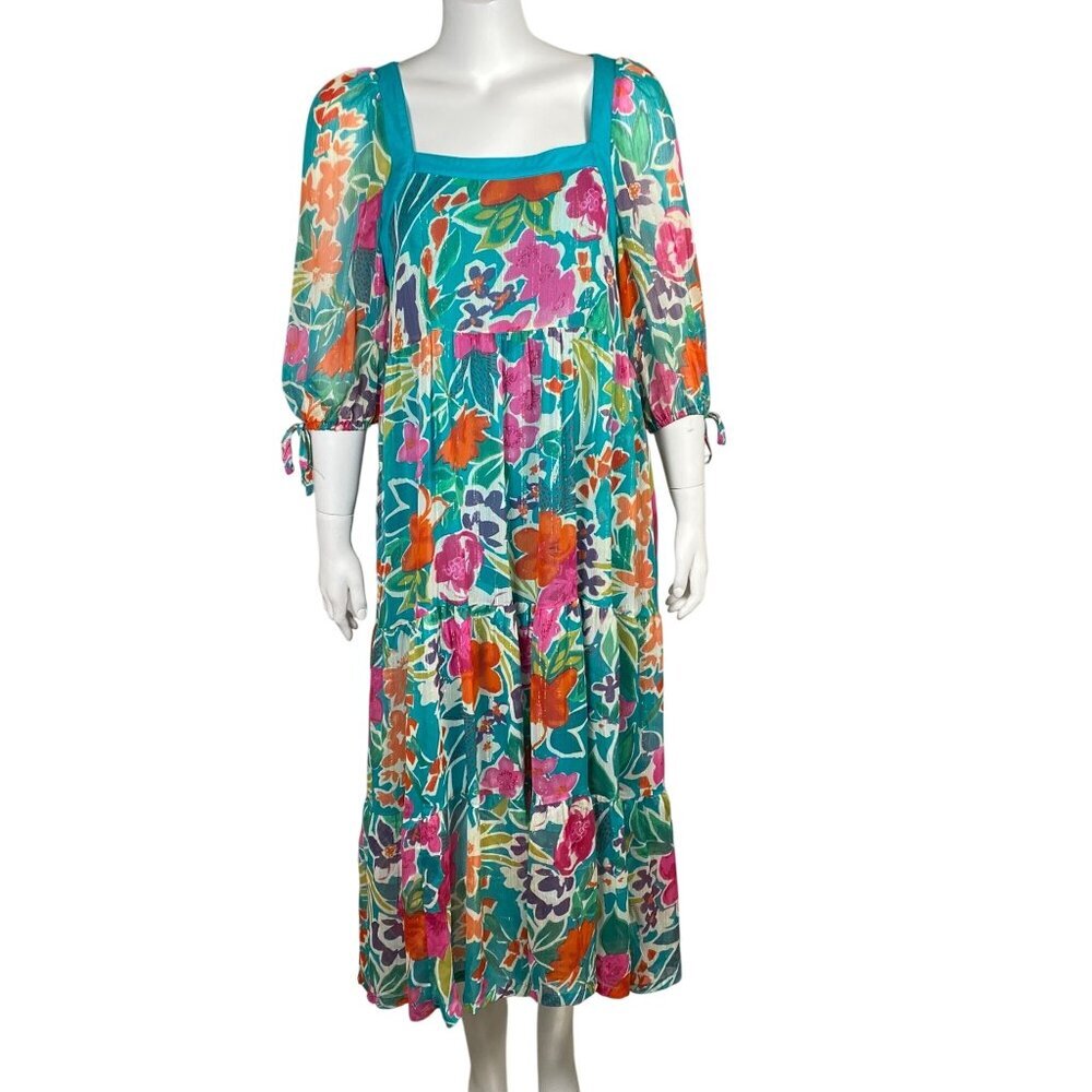 Umgee Floral Print Midi Dress Womens S Sheer Sleeves Tiered Flowy Boho